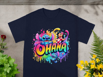Disney's Lilo & Stitch "Ohana" graphic on a navy blue t-shirt.