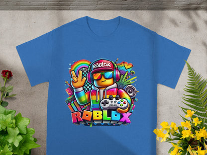 Roblox graphic t-shirt with colorful characters and rainbow accents.