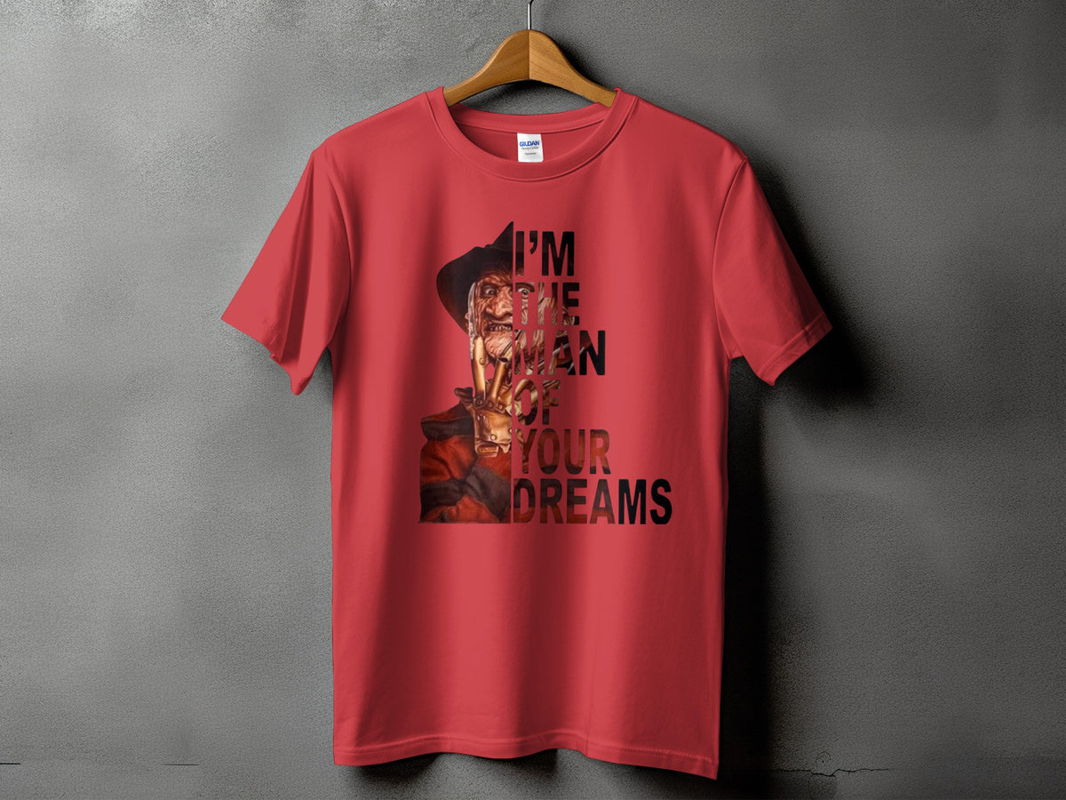 Red t-shirt with Freddy Krueger graphic and "I'M THE MAN OF YOUR DREAMS" text.
