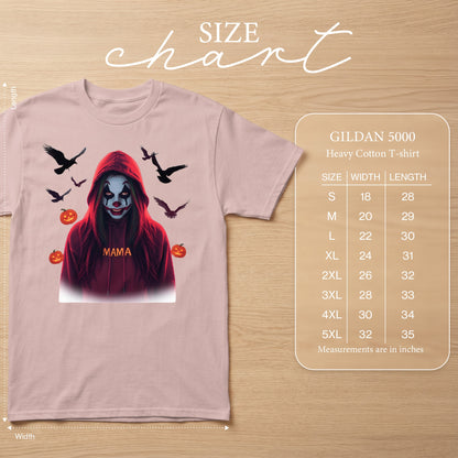 Pink t-shirt with a clown graphic, crows, and pumpkins, plus a Gildan 5000 size chart.