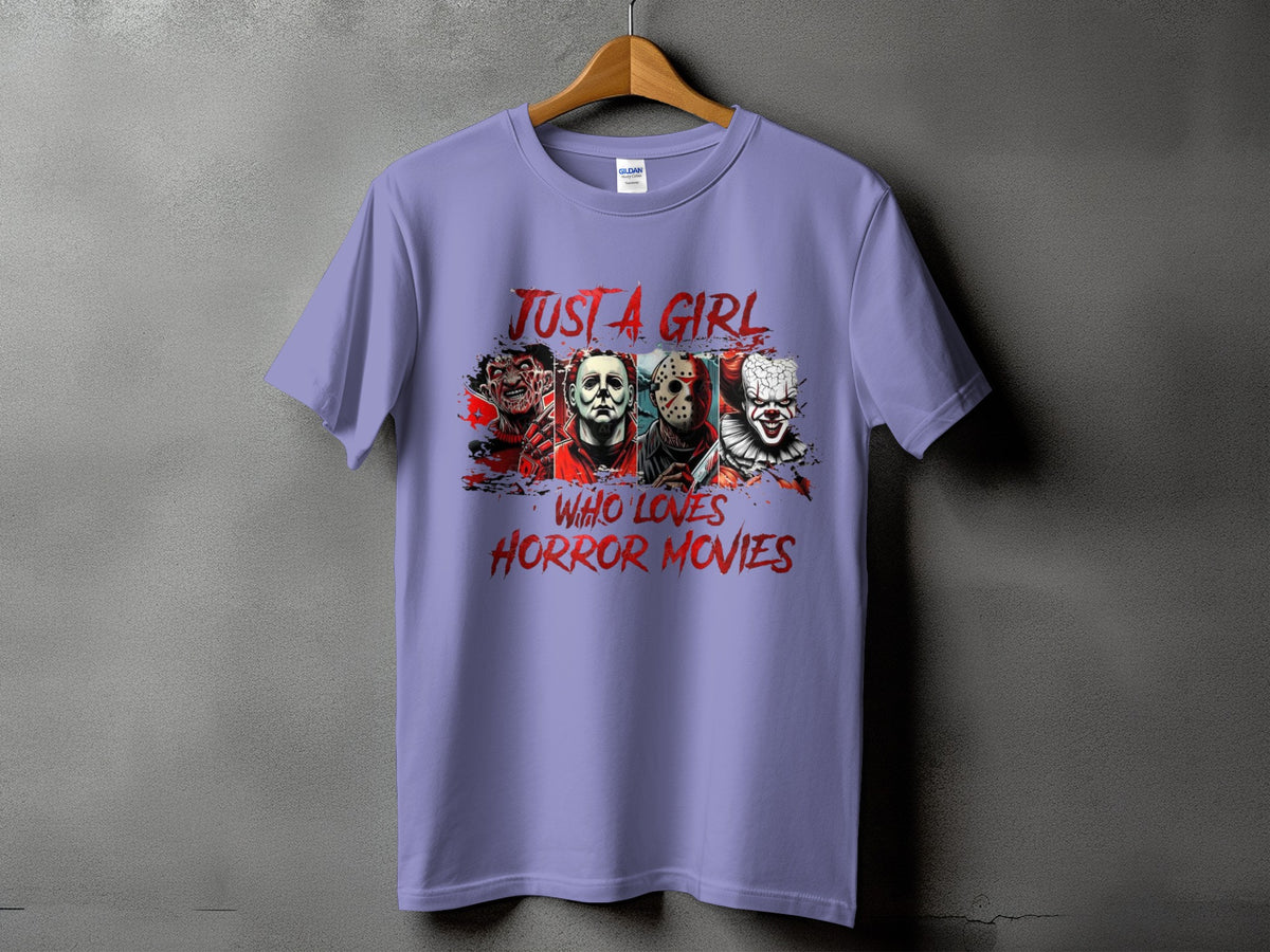Lavender t-shirt with horror movie characters and text "Just a girl who loves horror movies."