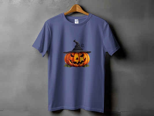 Purple t-shirt with a jack-o'-lantern wearing a witch hat design.