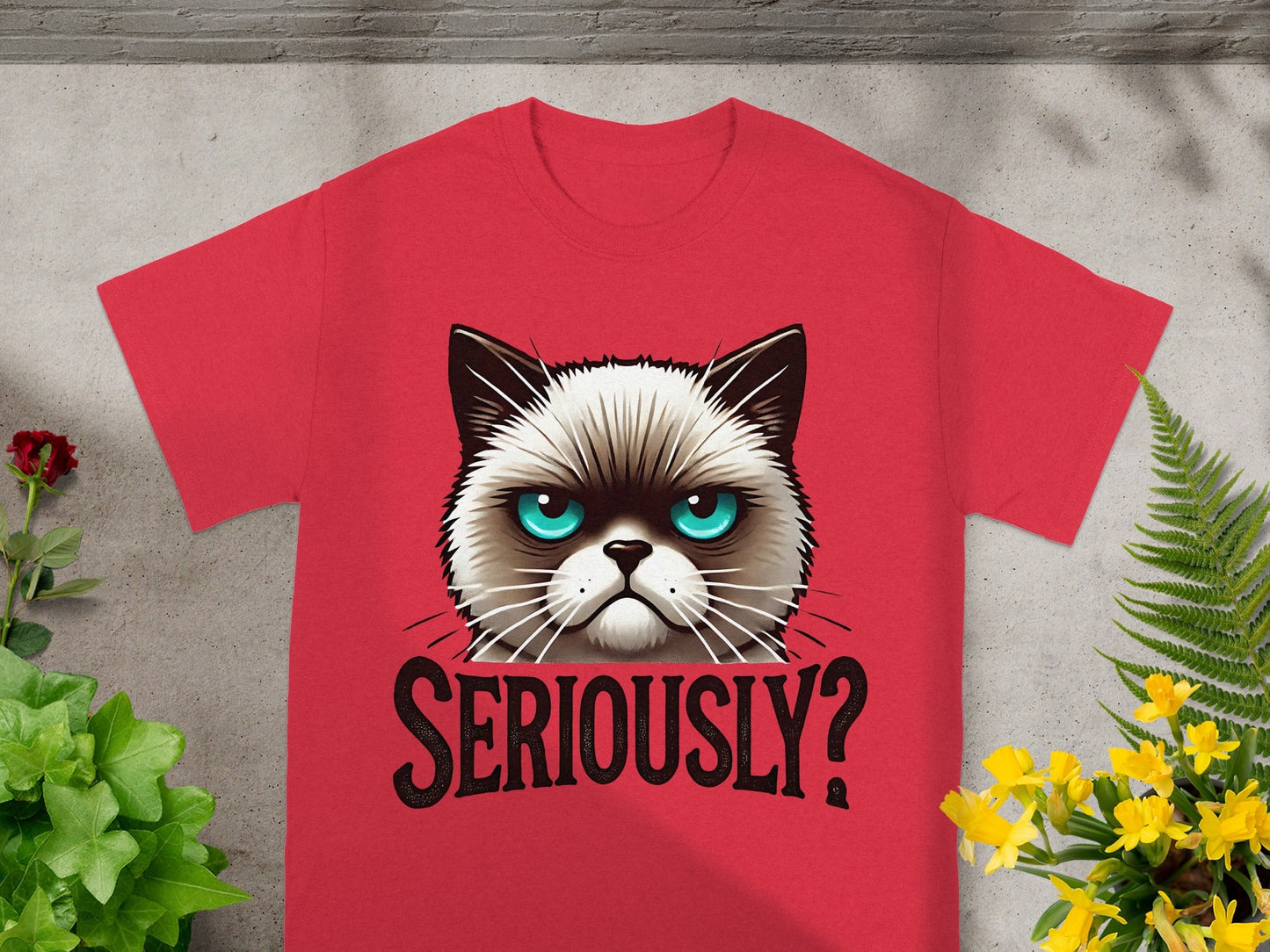 Seriously Cat Face Graphic Red T-Shirt for Casual Wear
