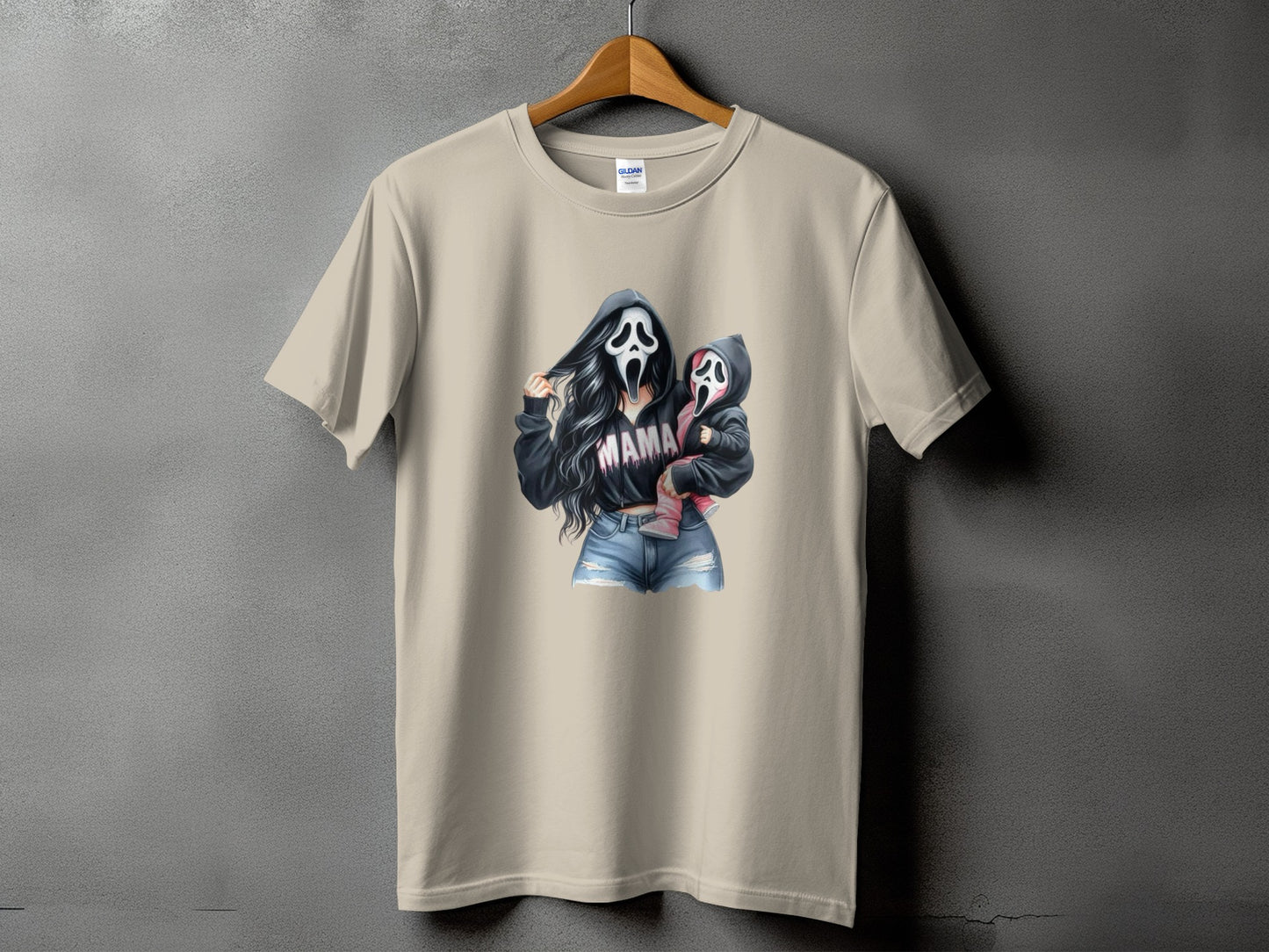 T-shirt with "MAMA" text featuring cartoon characters in ghost masks.