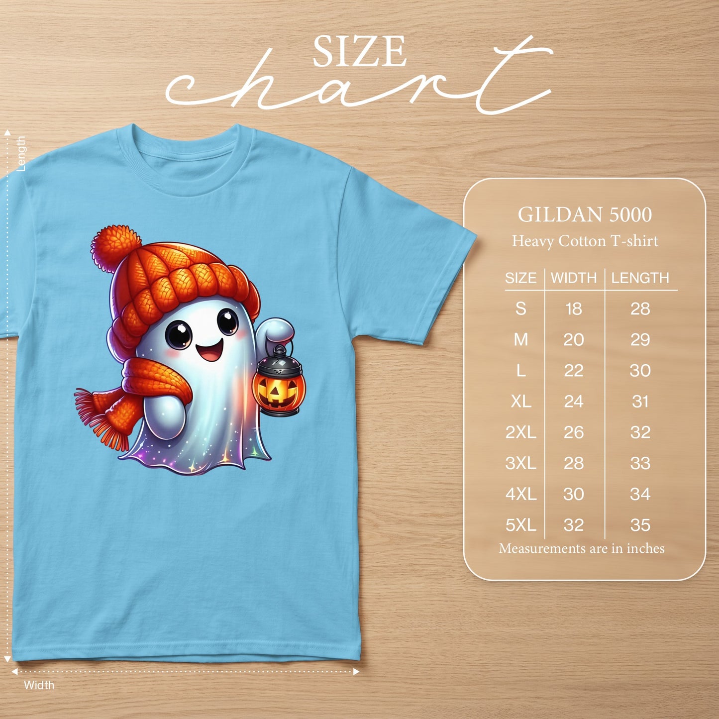 Light blue Gildan 5000 t-shirt with a ghost graphic and size chart.