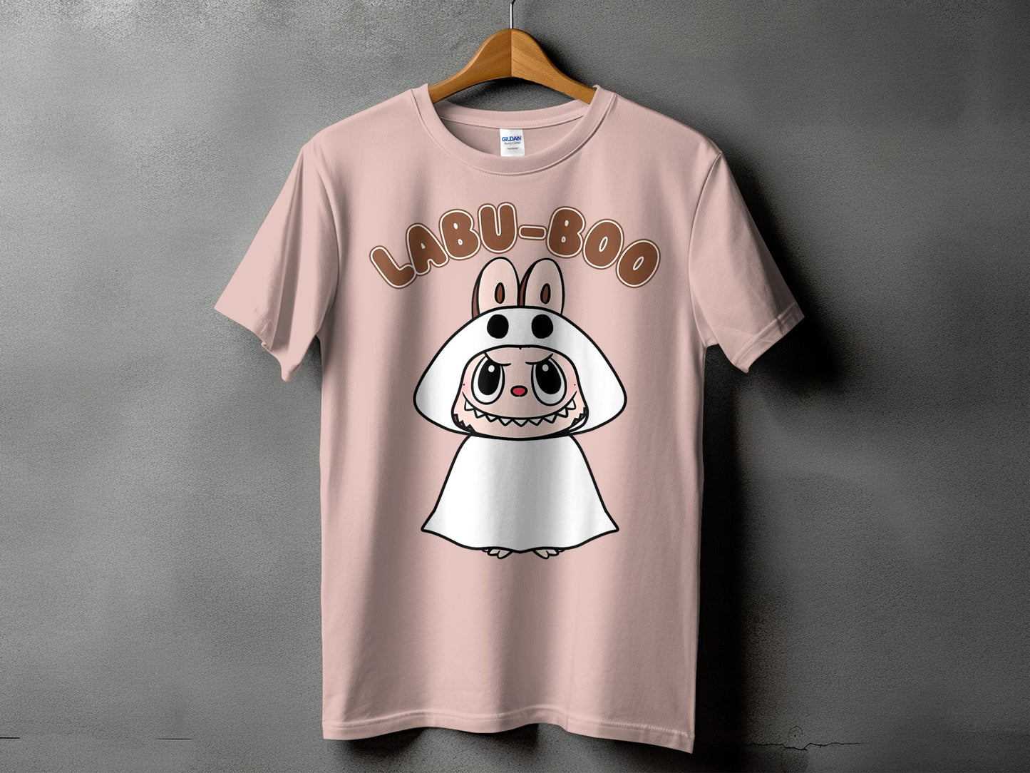 Pink t-shirt with "LABU-BOO" text and a cartoon ghost character.