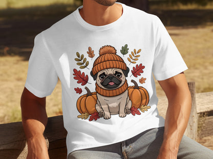 Cute Pug Wearing Beanie with Autumn Pumpkin T-Shirt