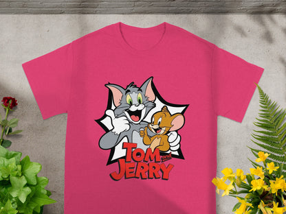 Tom and Jerry characters on a pink t-shirt with plants and flowers.