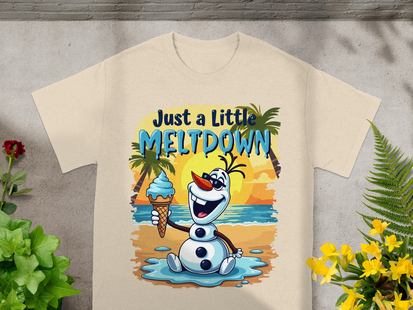 Olaf from Frozen holding an ice cream cone with text "Just a little MELTDOWN".