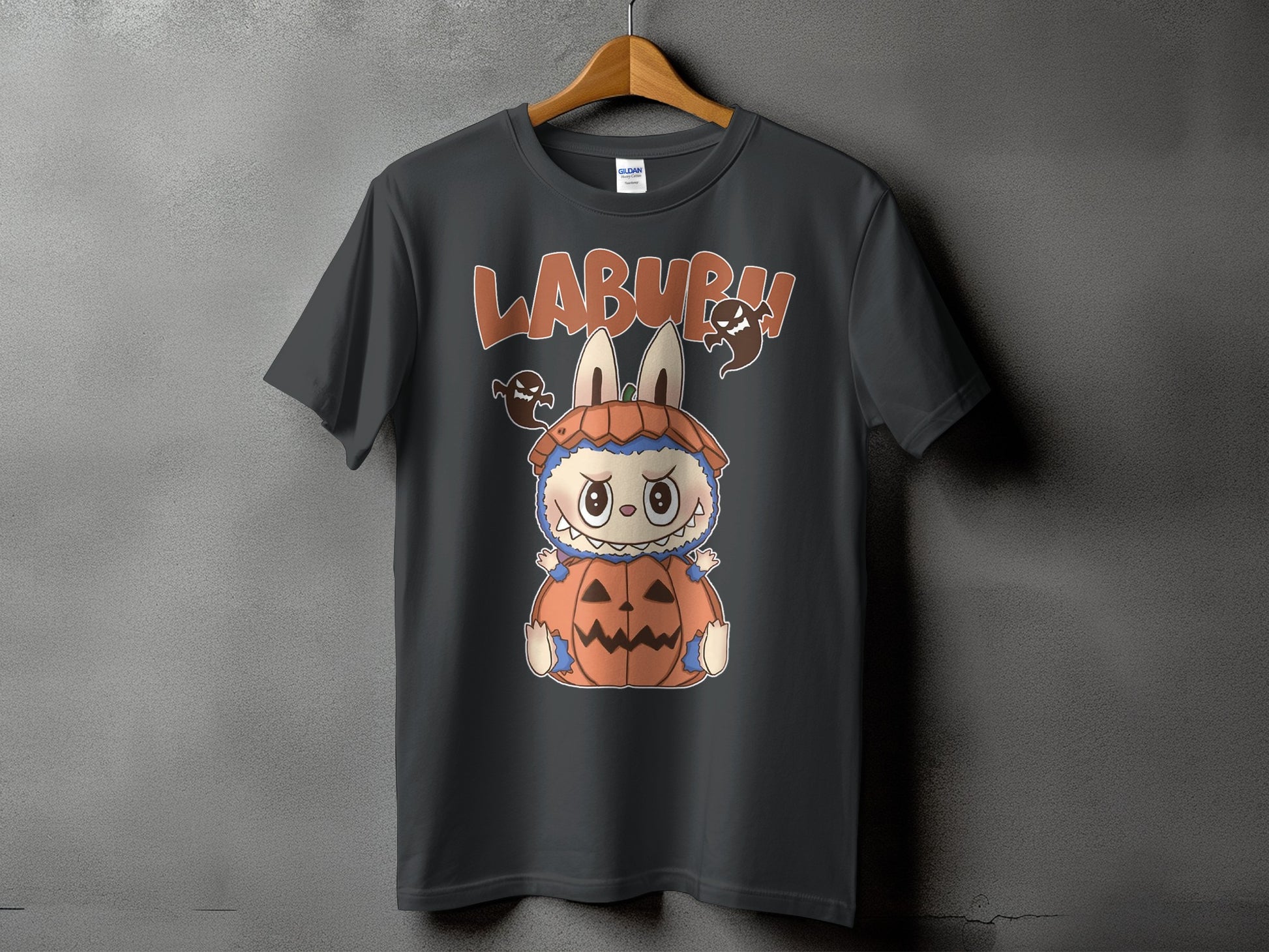 Dark t-shirt with "LABURH" text and a cartoon character in a pumpkin costume.