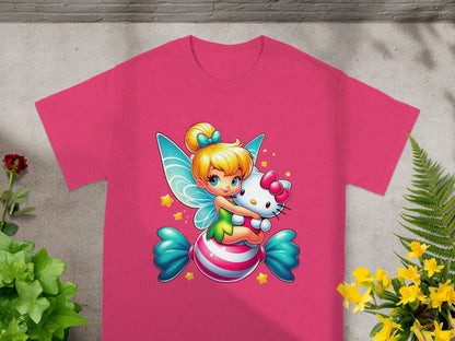 Fairy character holding Hello Kitty on a candy with pink and white stripes.