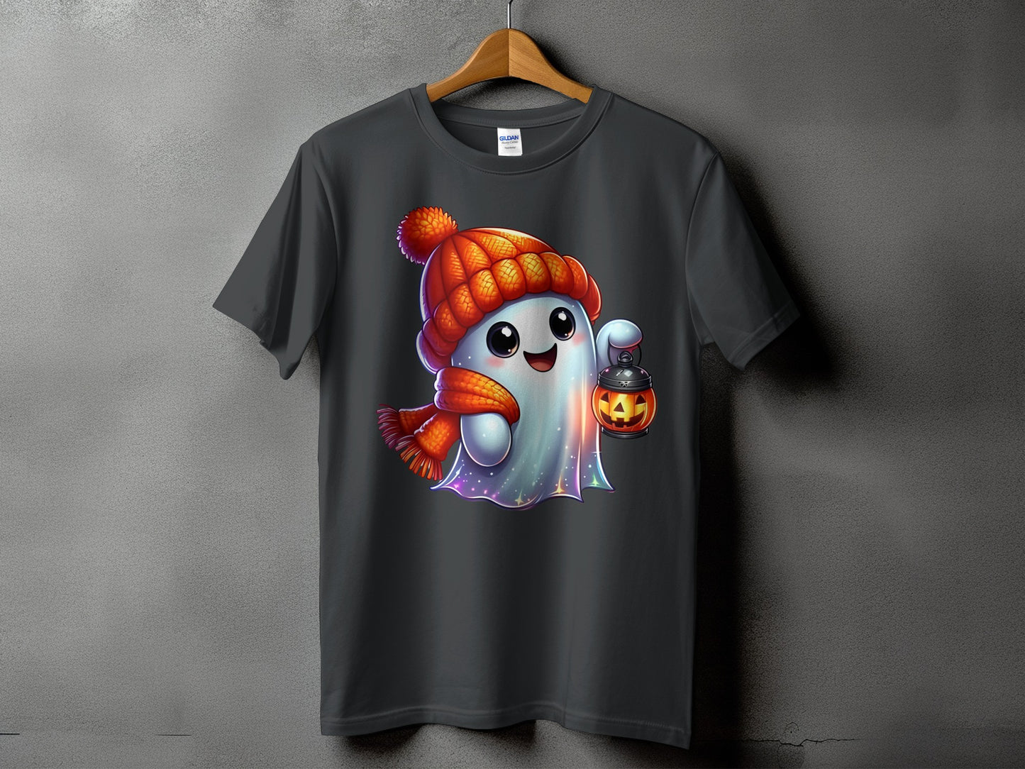 Ghost wearing winter hat and scarf holding a jack-o'-lantern.