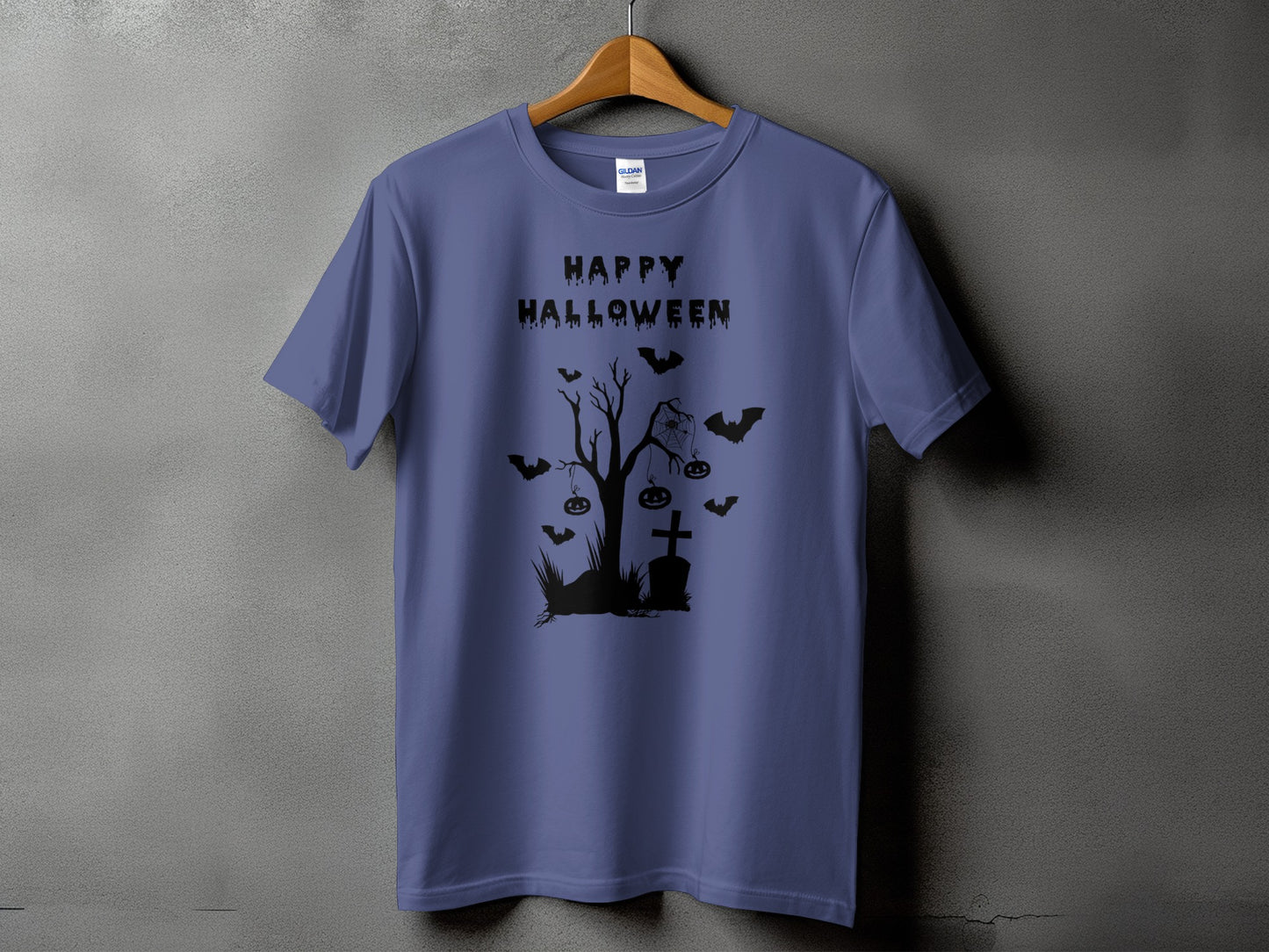 Purple t-shirt with "Happy Halloween" text and a graveyard scene graphic.