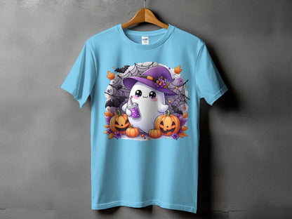 Light blue t-shirt with Halloween ghost graphic and pumpkins.