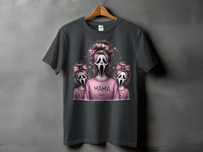 Dark t-shirt with "Mama" and two ghost figures with pink bows.