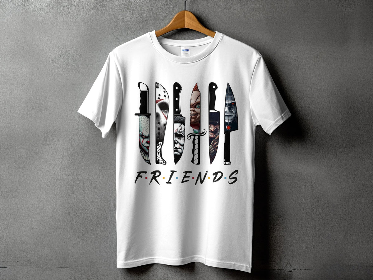 White t-shirt with horror movie knives and the word FRIENDS.