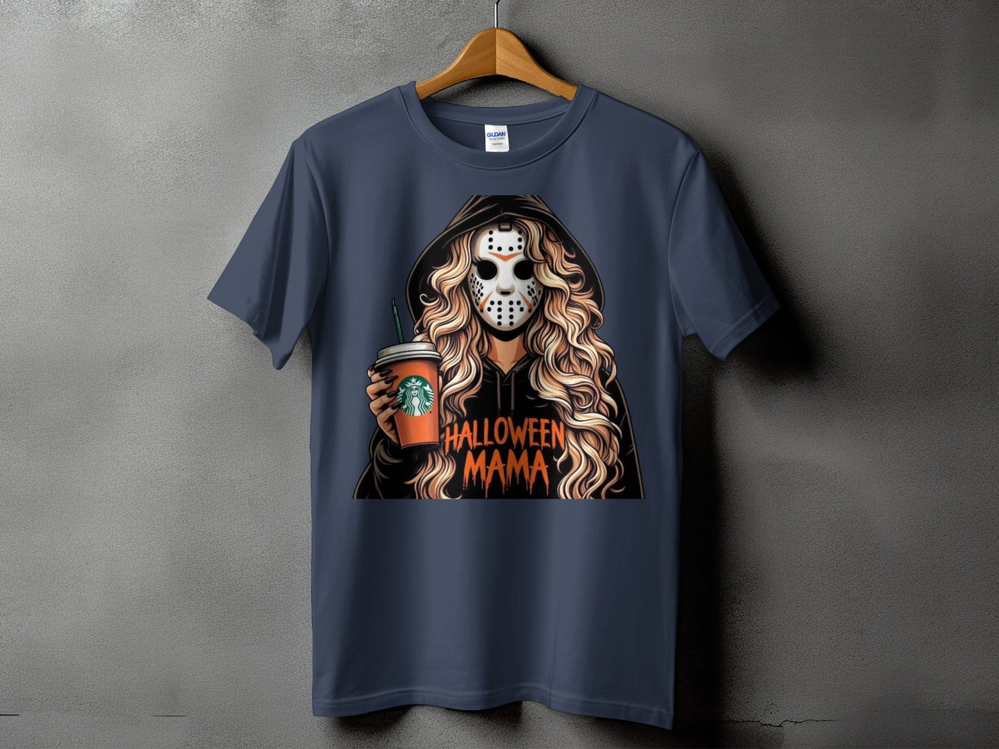Dark blue t-shirt with "Halloween Mama" graphic of a person in a hockey mask and hoodie holding a Starbucks cup.