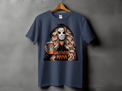 Dark blue t-shirt with "Halloween Mama" graphic of a person in a hockey mask and hoodie holding a Starbucks cup.