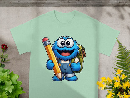 Blue monster with backpack holding a large yellow pencil.