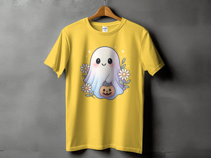 Yellow t-shirt with a cute ghost holding a pumpkin and surrounded by flowers.