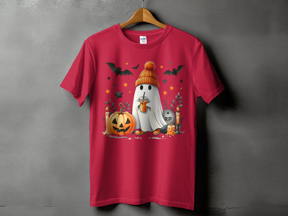 Red t-shirt with ghost, pumpkin, bats, stars, candles, and a RIP tombstone.