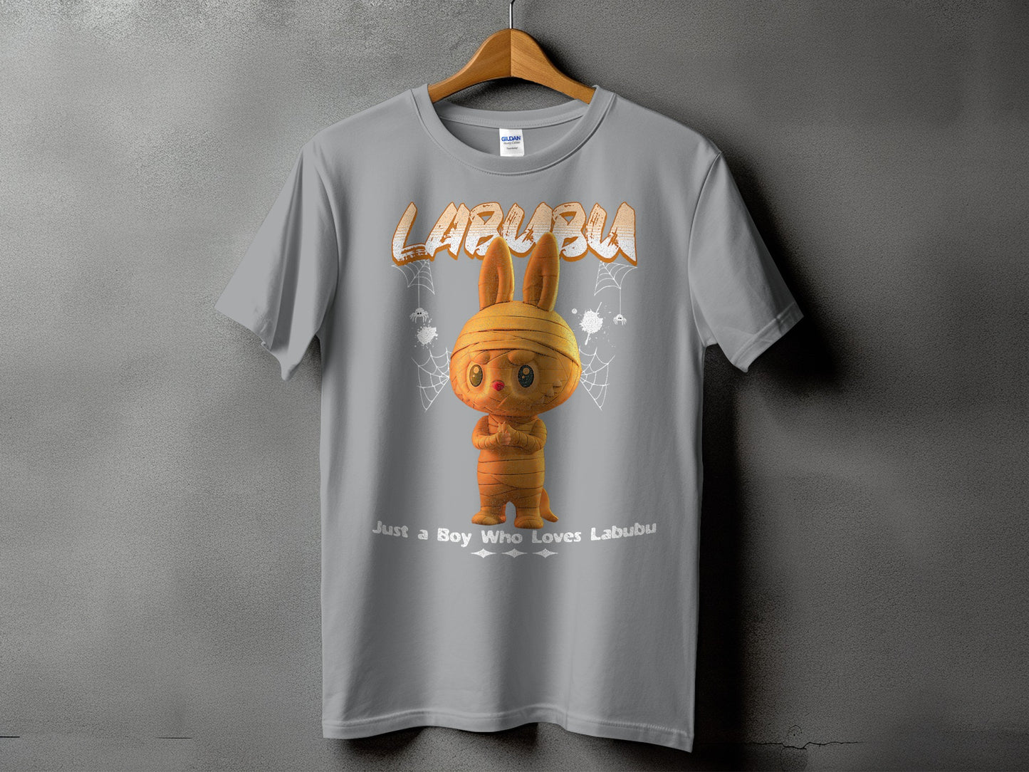 Grey t-shirt with Labubu graphic and text "Just a Boy Who Loves Labubu".