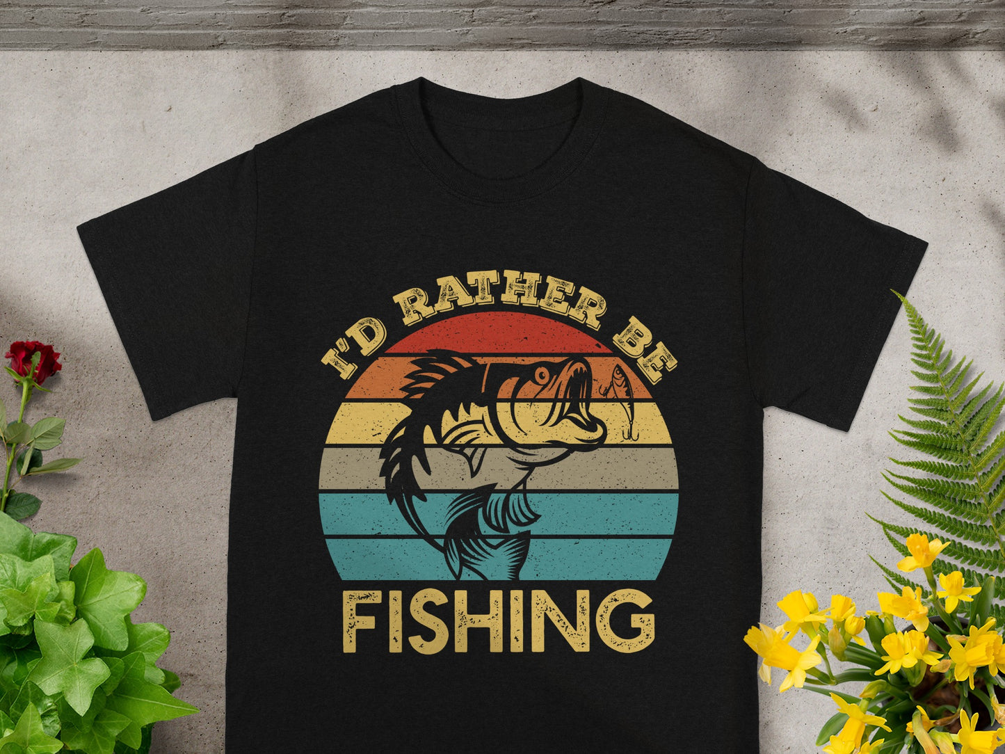 Black t-shirt with vintage bass fishing graphic and text "I'D RATHER BE FISHING".