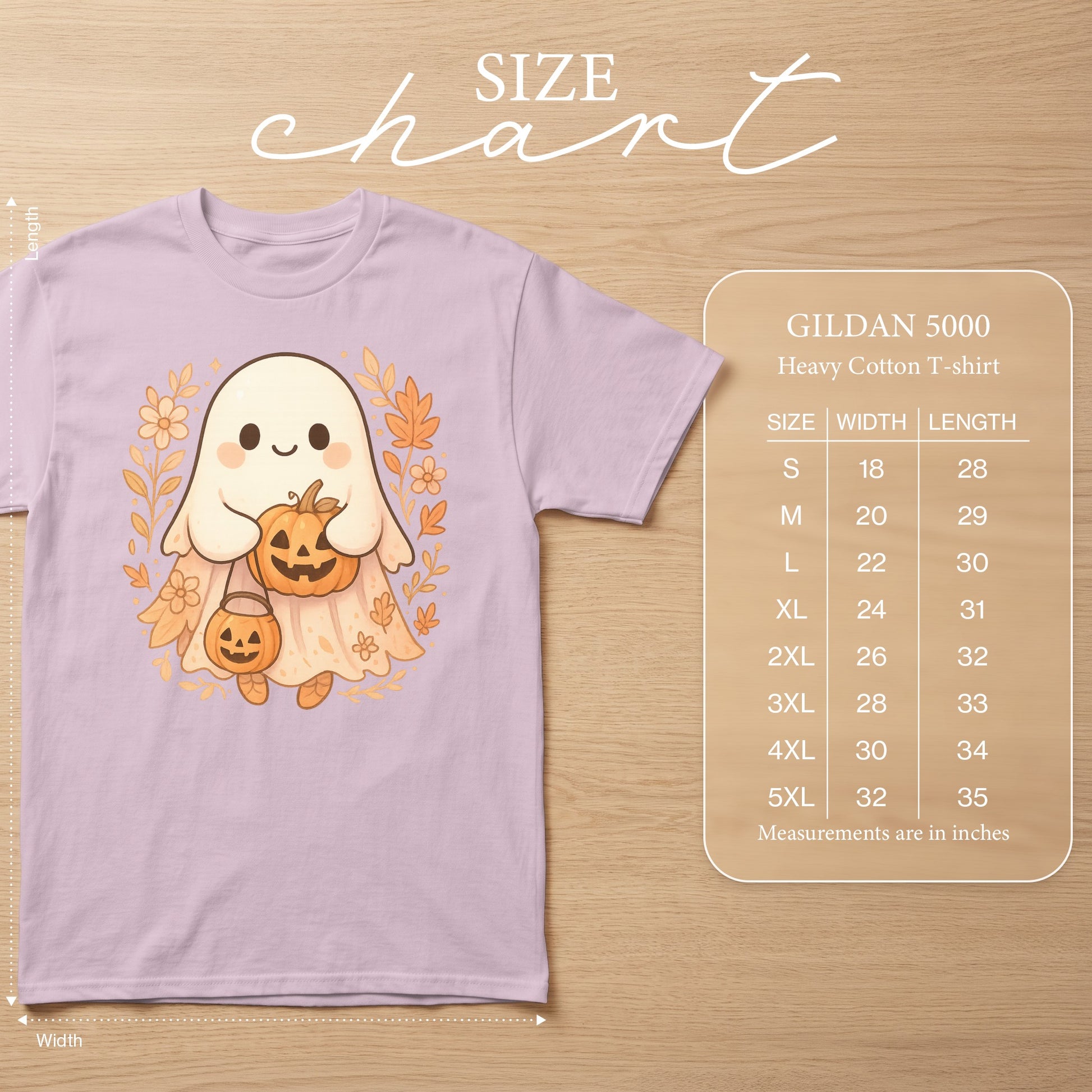 Light purple Gildan 5000 t-shirt with cute ghost holding pumpkins and size chart.