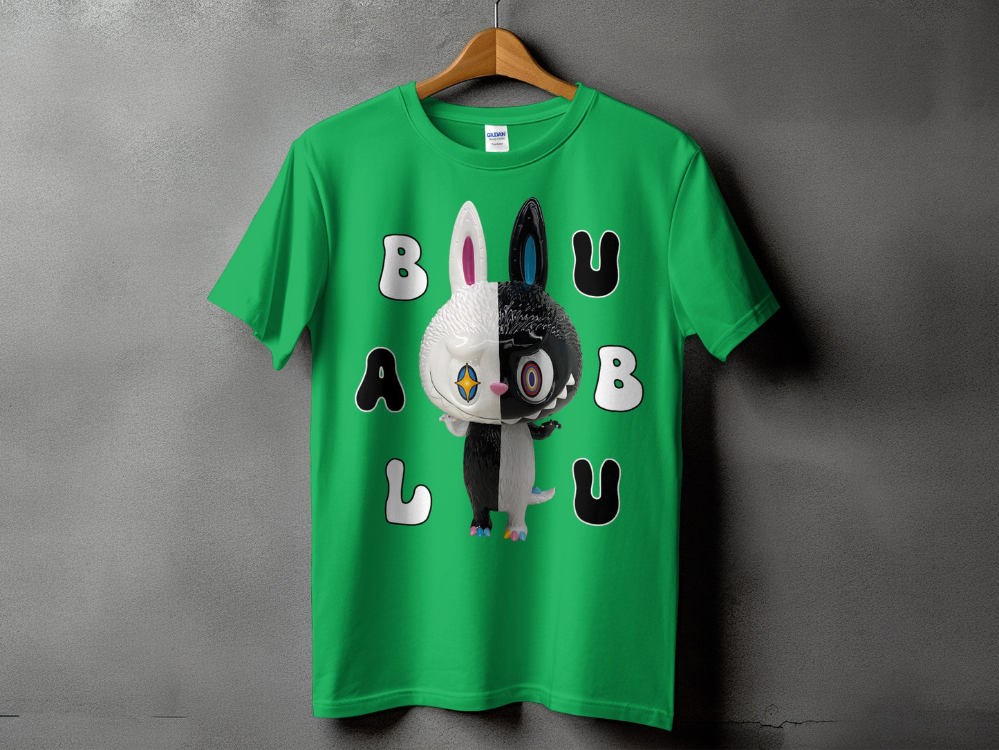 Green t-shirt with black and white figure and text BALBU.
