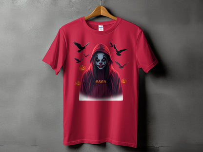Red t-shirt with clown graphic and text "MAMA," surrounded by crows and pumpkins.
