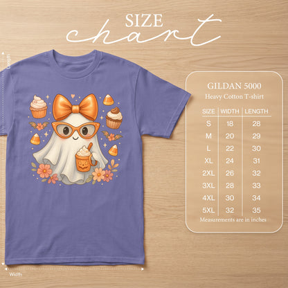 GILDAN 5000 size chart with ghost graphic and measurements in inches.