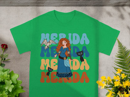 Merida from Brave with animal companions on a green t-shirt.