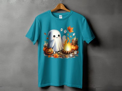 Teal t-shirt with cute ghost, pumpkins, campfire, and autumn leaves Halloween graphic.