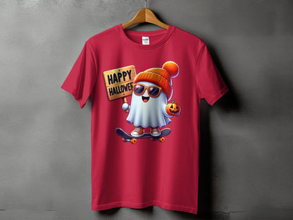 Cartoon ghost on skateboard holding "Happy Halloween" sign and pumpkin.
