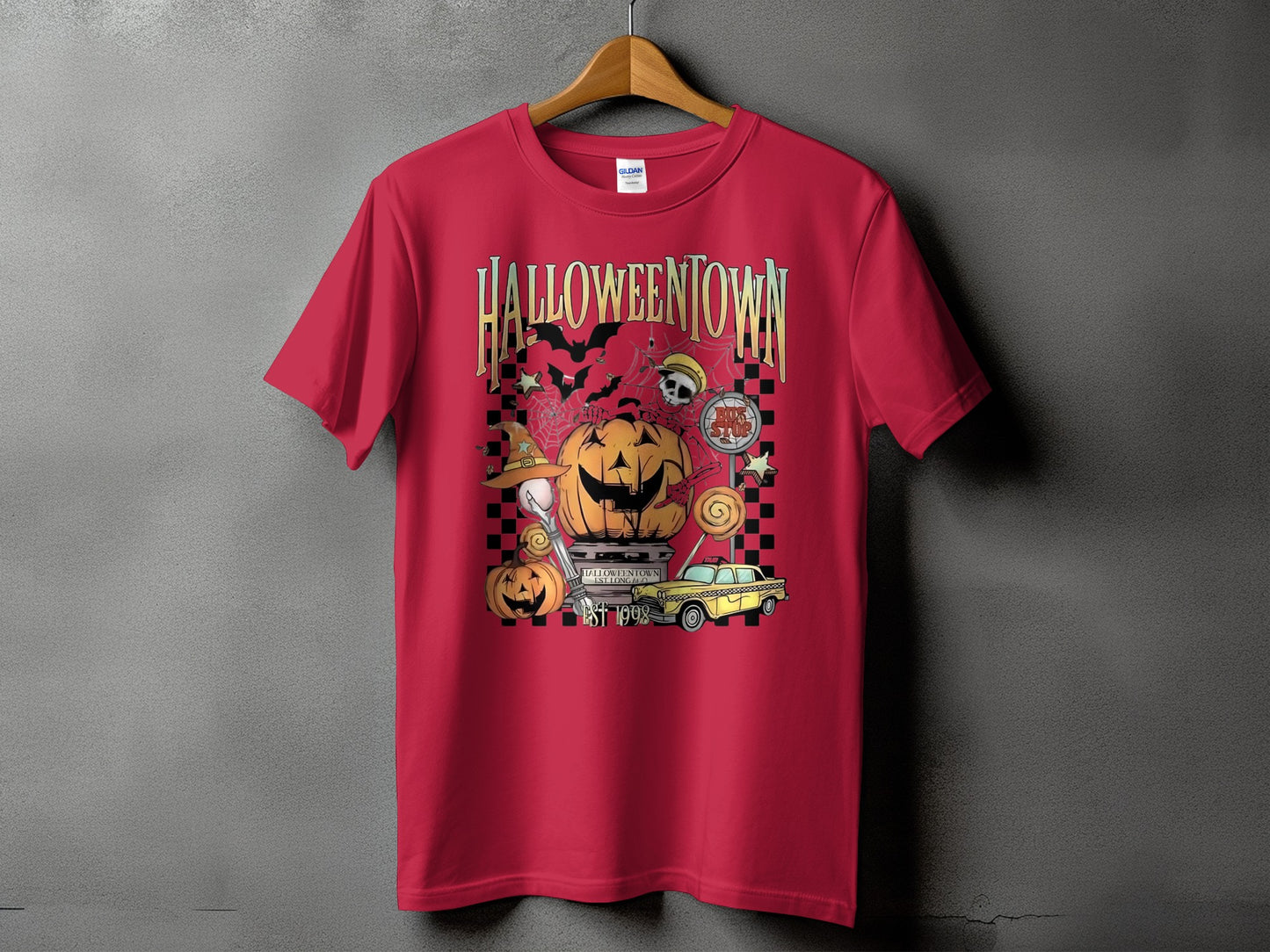 Red t-shirt with "Halloweentown Est 1998" graphic and Halloween imagery.