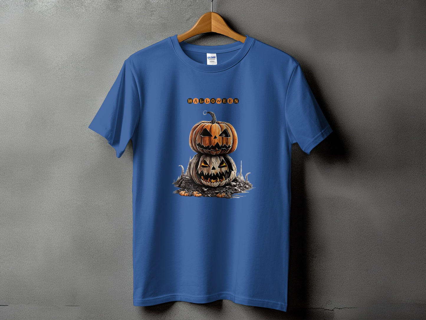 Blue t-shirt with stacked jack-o'-lanterns and the word HALLOWEEN.