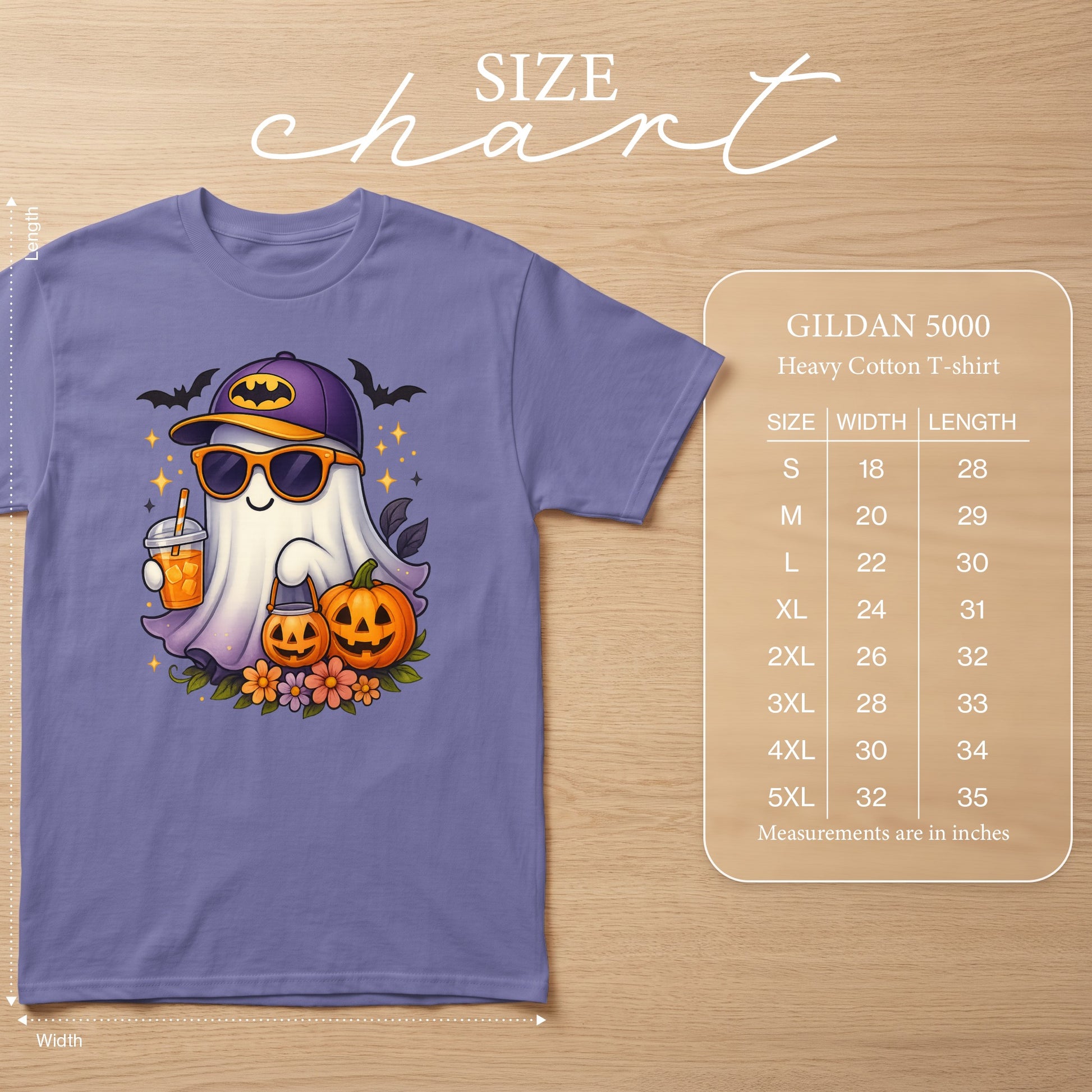 Purple t-shirt with cartoon ghost, pumpkins, and bat hat graphic; size chart.