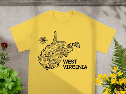 West Virginia Map Graphic Yellow T-Shirt for Fans