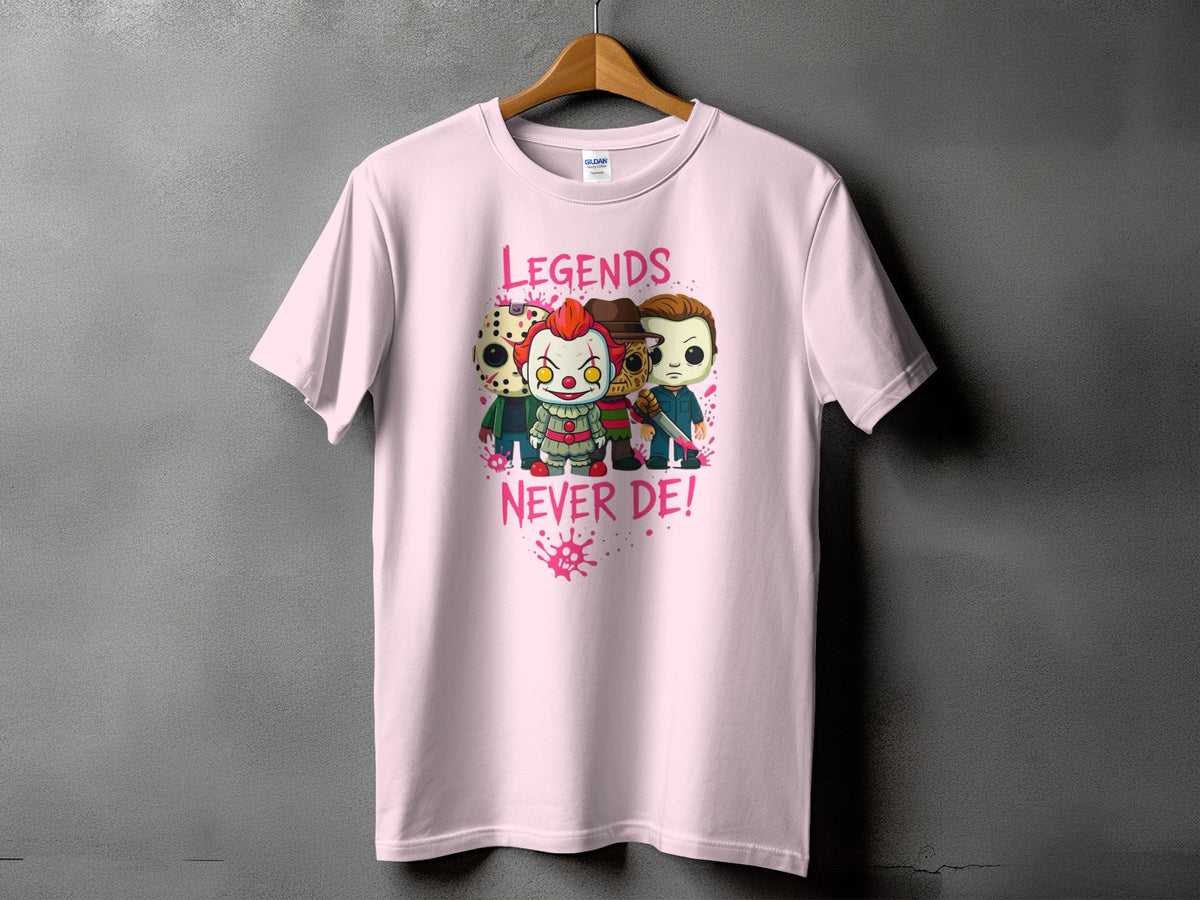 Pink t-shirt with cartoon horror characters and text "LEGENDS NEVER DE!".
