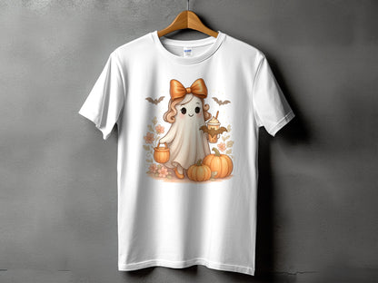 White t-shirt with a cute ghost character holding a drink, surrounded by pumpkins and bats.
