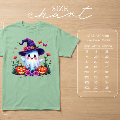 Light green Gildan 5000 heavy cotton t-shirt with a cute ghost design.