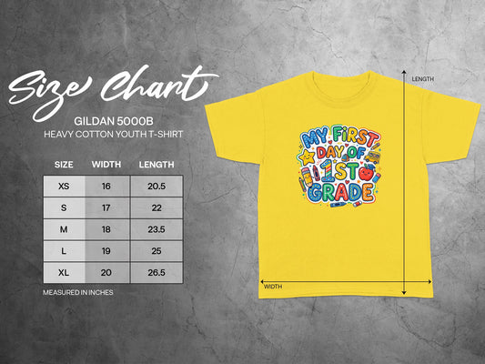 Gildan 5000B youth t-shirt size chart with width and length measurements.