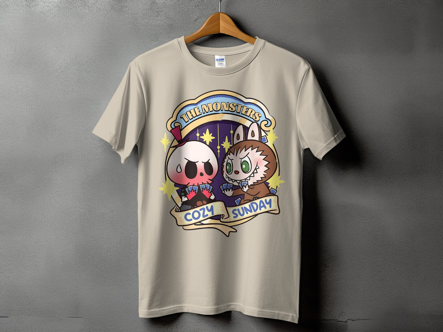 T-shirt with cartoon skull and werewolf playing cards, text reads "The Monsters Cozy Sunday".