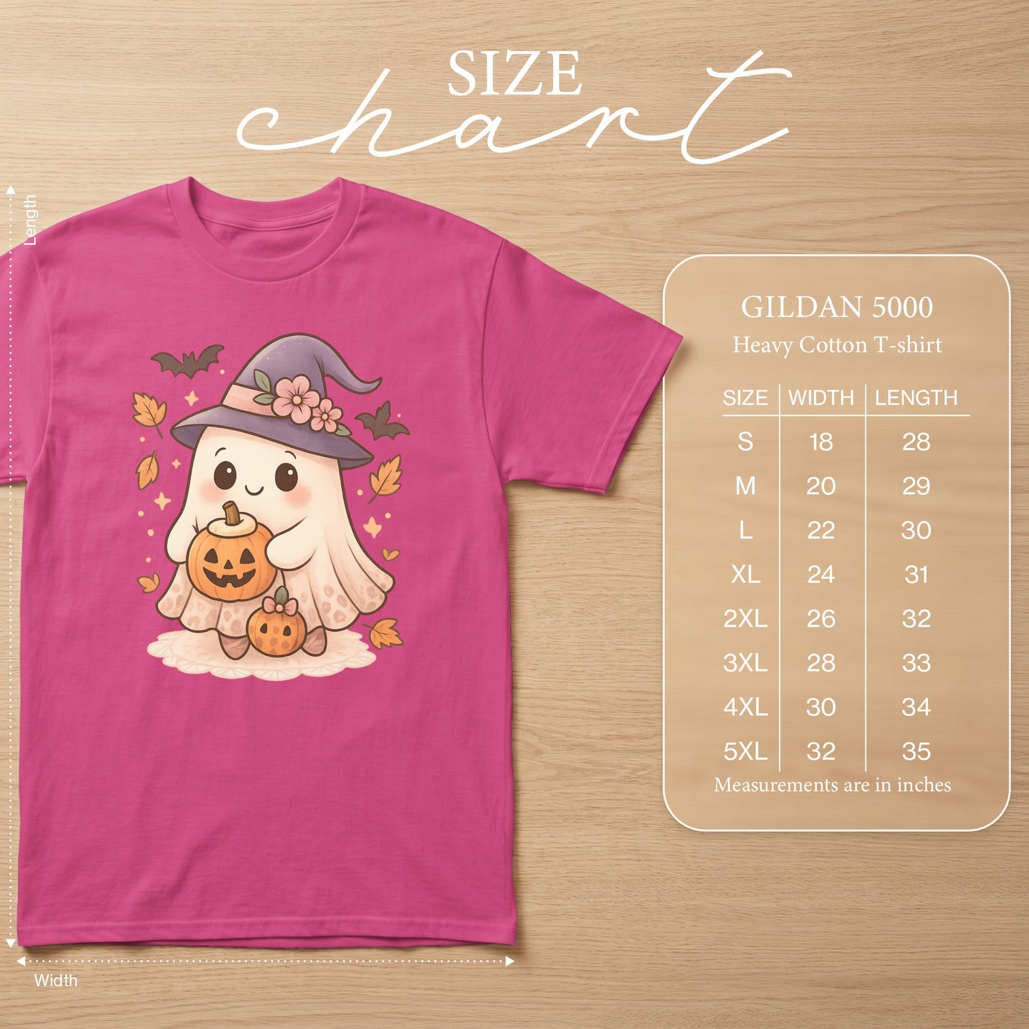 Gildan 5000 size chart with measurements for a ghost with pumpkins graphic t-shirt.