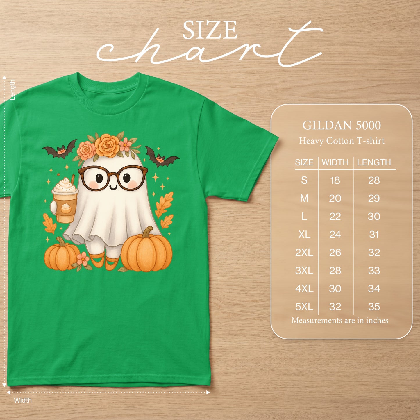 Green Gildan 5000 t-shirt with a cute ghost graphic and size chart.