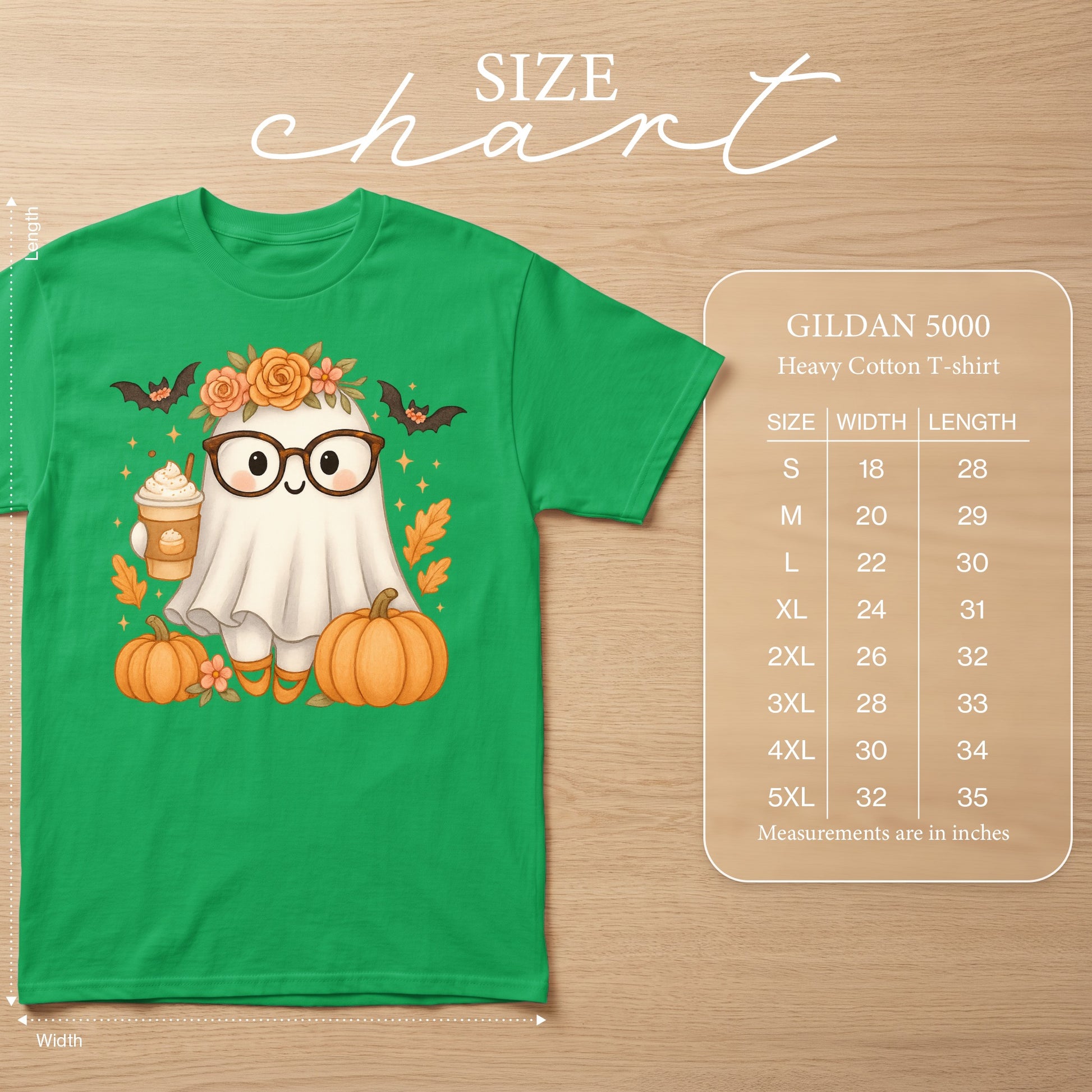 Green Gildan 5000 t-shirt with a cute ghost graphic and size chart.