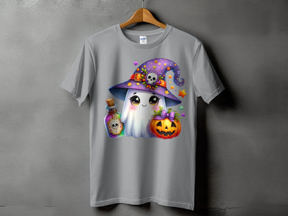 T-shirt with a cartoon ghost, witch hat, potion, and jack-o'-lantern graphic.