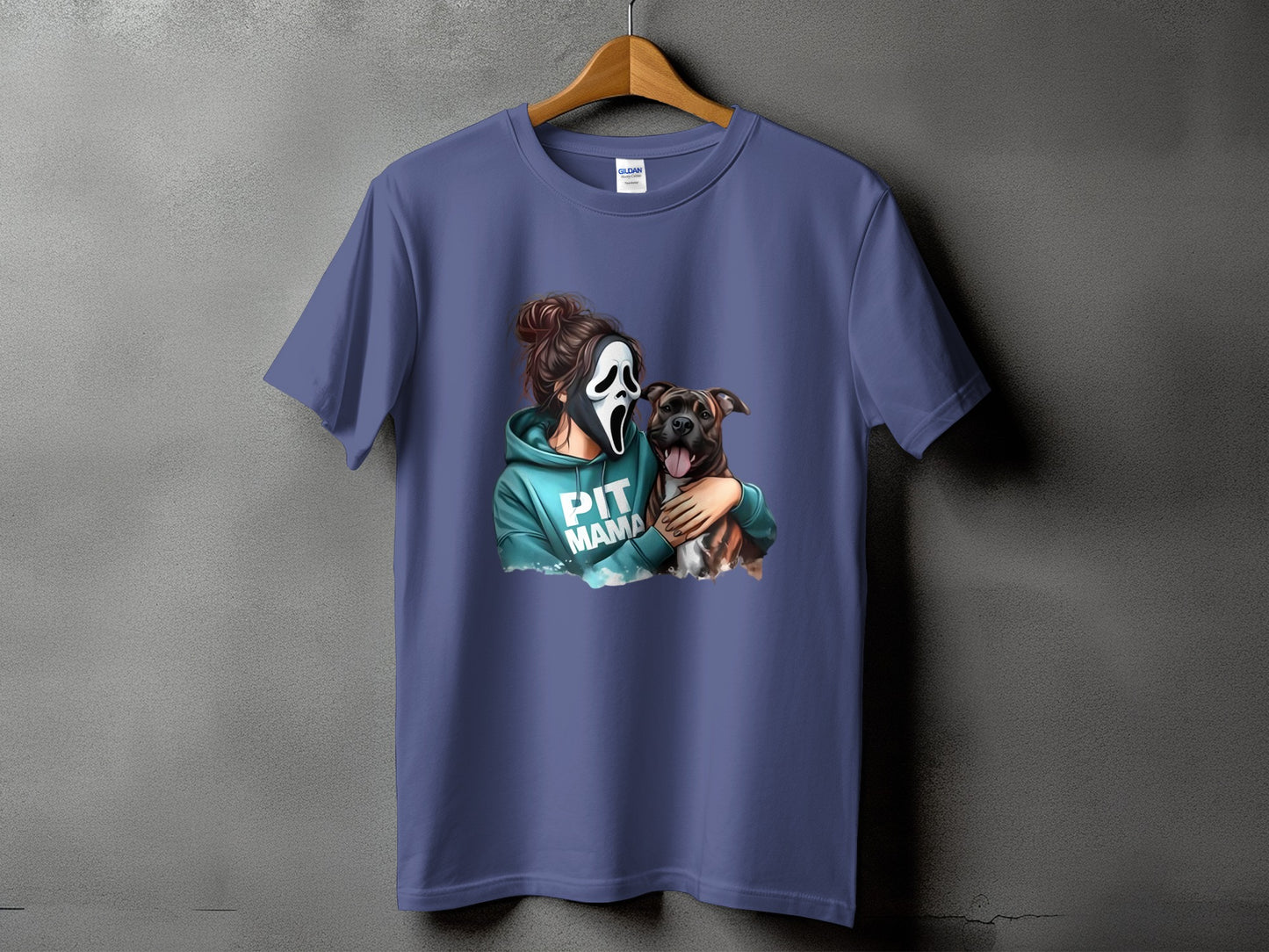 Illustration of a person in a ghost mask hugging a pit bull with text "PIT MAMA".