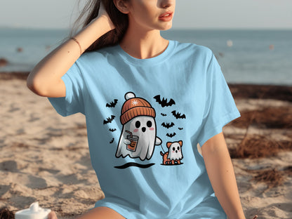 Cute Ghost and Dog Halloween Bats Design T-Shirt