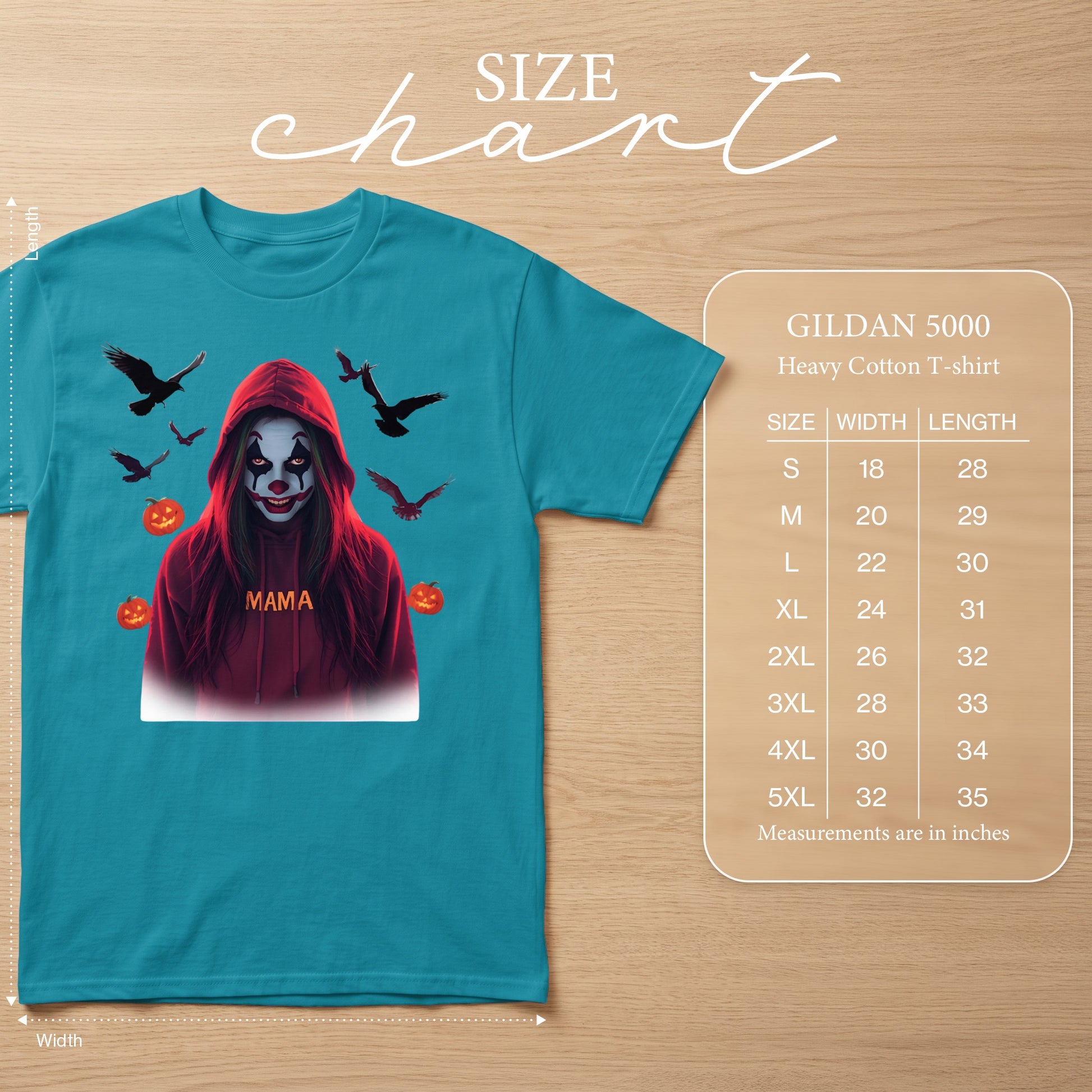 Teal t-shirt with clown graphic, crows, pumpkins, and size chart.